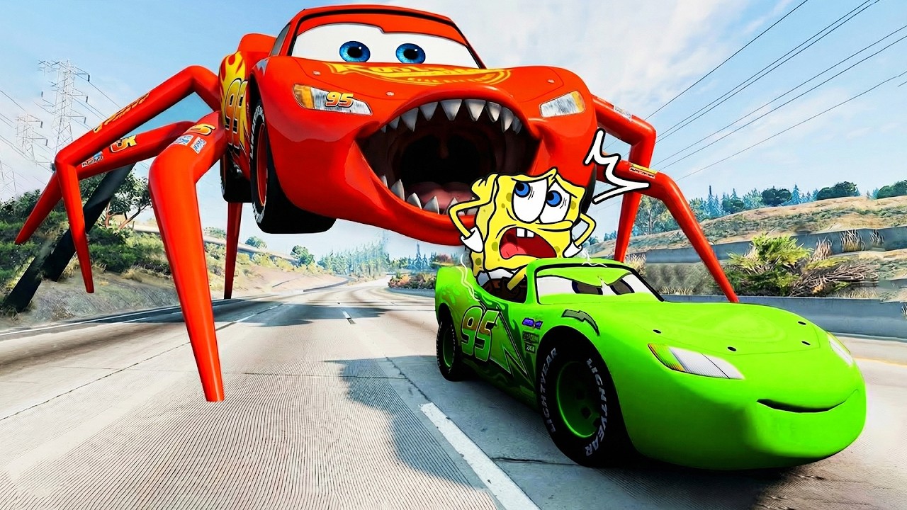 RUN SPONGEBOB!!! Surviving The Giant Spider McQueen Eater | BeamNG.Drive React | Woa Doodland