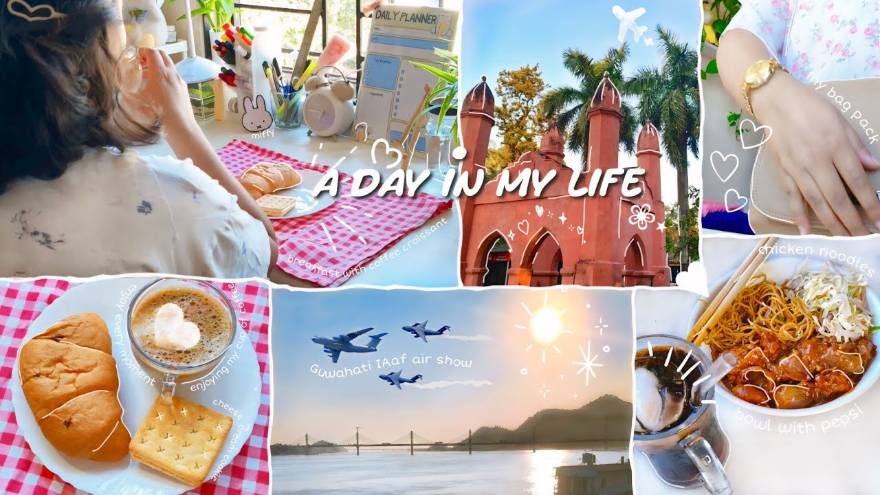 A day in my life ⋆ᡣ𐭩 live in Guwahati , watching IAF show ✈️, food 🥐☕🍜, study📚, exploring 🏞️
