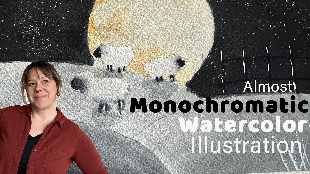 Whimsical watercolor illustration. Let's paint some sheep under the moon.