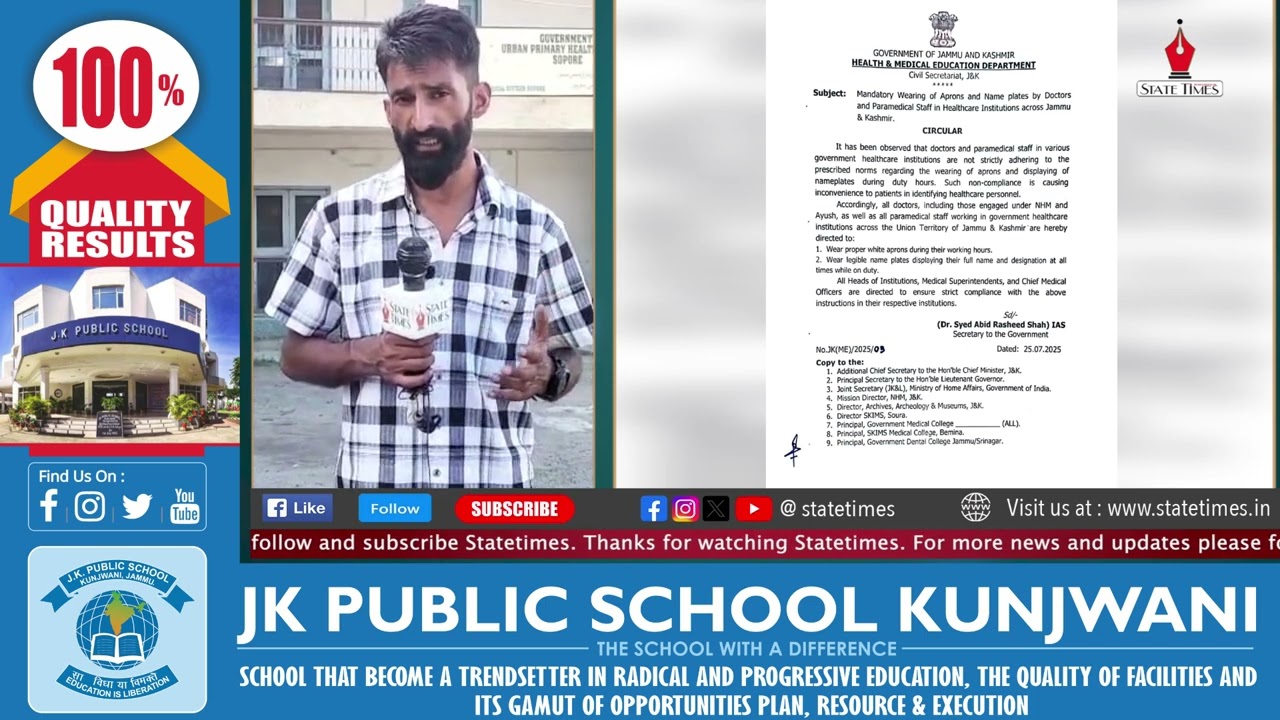 HEALTH ALERT J&K Directive: Doctors & Paramedical staff MUST wear - Aprons - Name plates