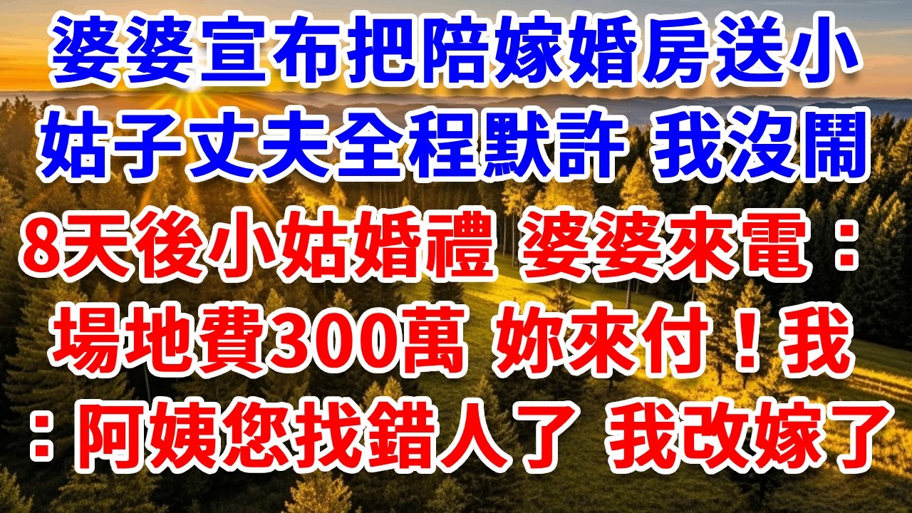 婆婆宣布把陪嫁婚房送小姑子，丈夫全程默許，我沒鬧，8天後小姑婚禮，婆婆來電：場地費300萬，妳來付！我：阿姨，您找錯人了，我早就改嫁了#思妤說故事#為人處世#生活經驗#情感故事#晚年哲理#說故事#完結