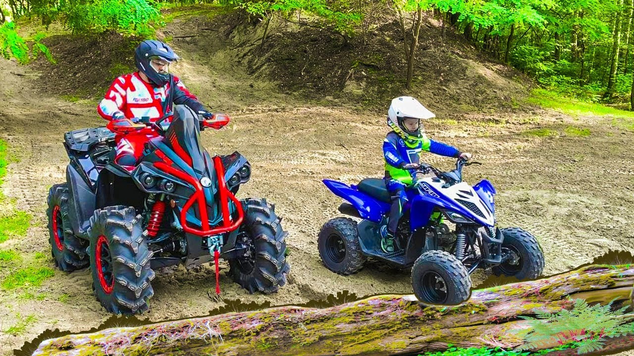Den and Dad ride on Quad Bikes in the forest Family Fun