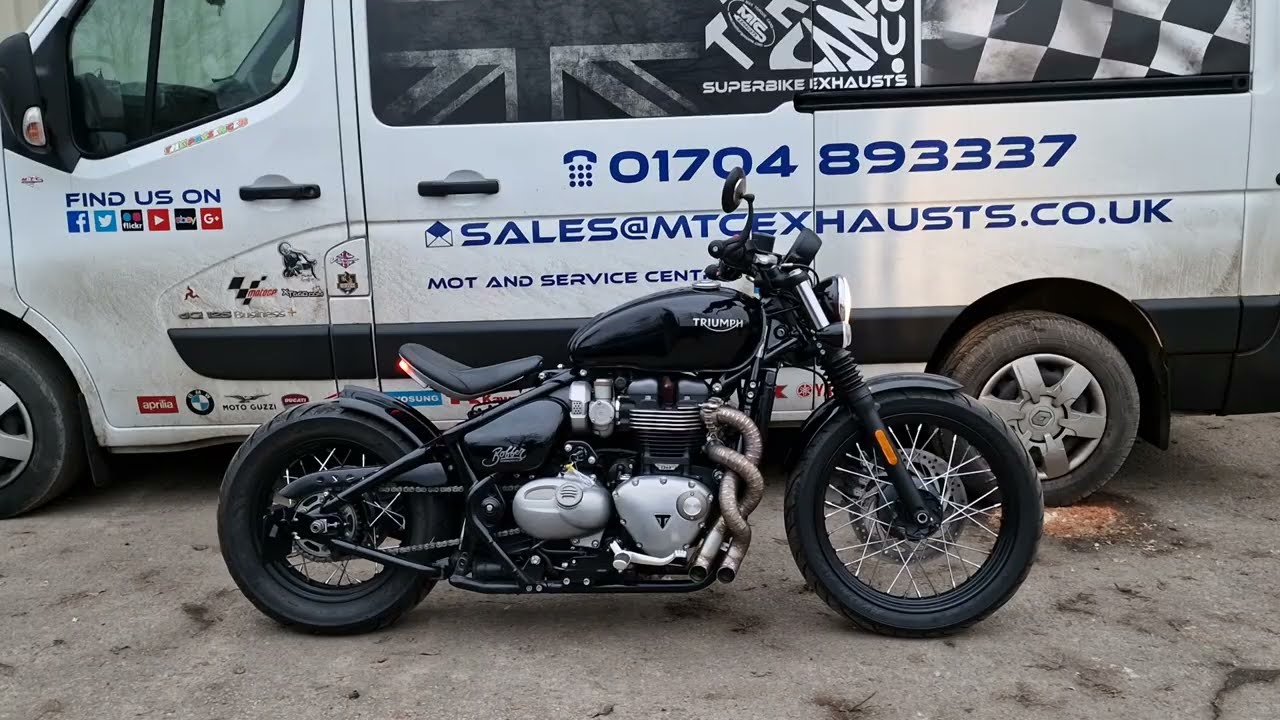 Triumph Bonneville Bobber bespoke twisted exhaust system by Max Torque Cans.