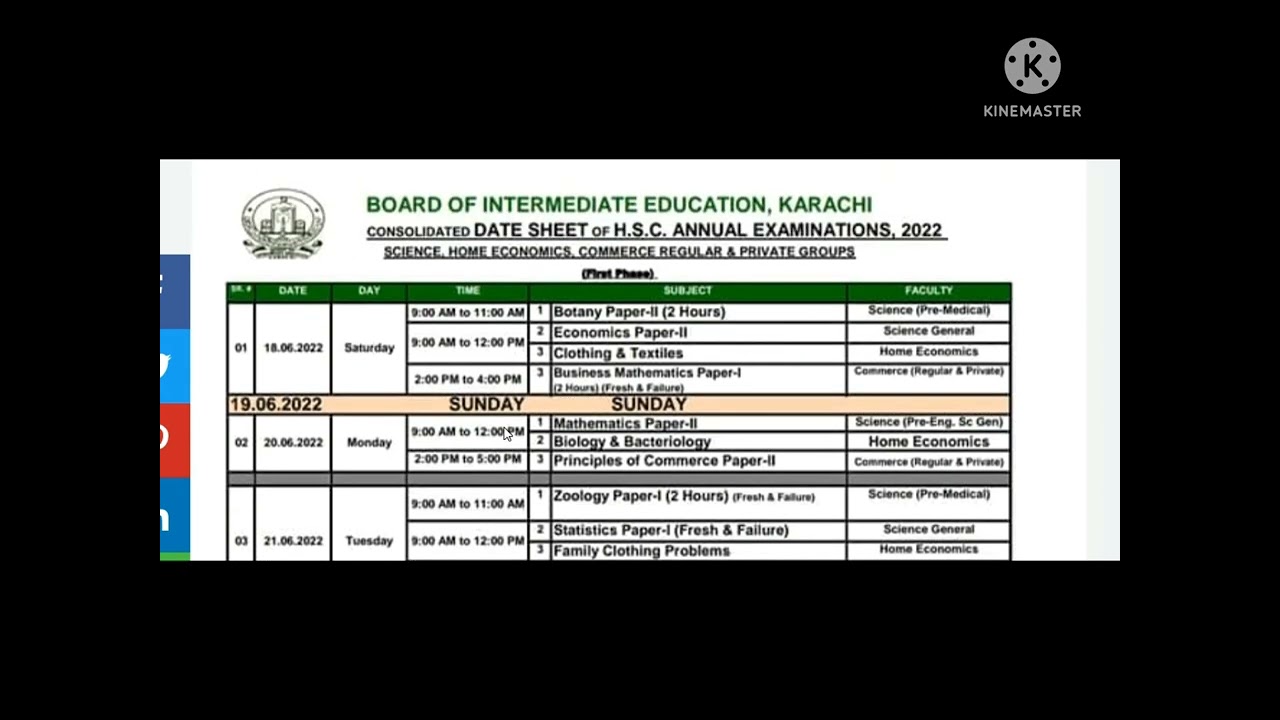 BIEK HSSC Date Sheet 2022 Annual Exam Science Commerce Group | Karachi Intermediate