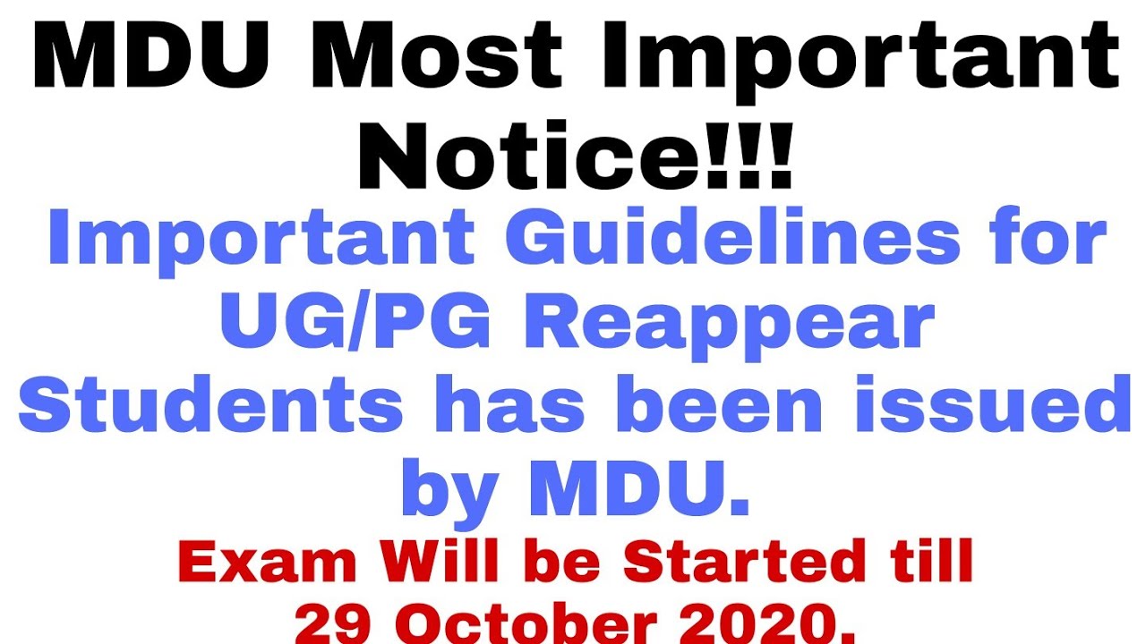 MDU Important Update!!! Reappear UG/PG Exams Guidelines has been Issued by MDU for 2020 Examination.