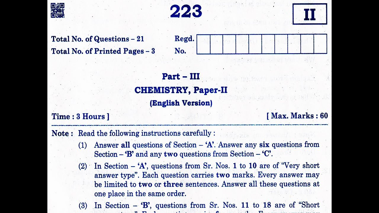 AP Inter 2nd Year Chemistry (EM) 2021 Question Paper IPE September 2021 #APInterPapers