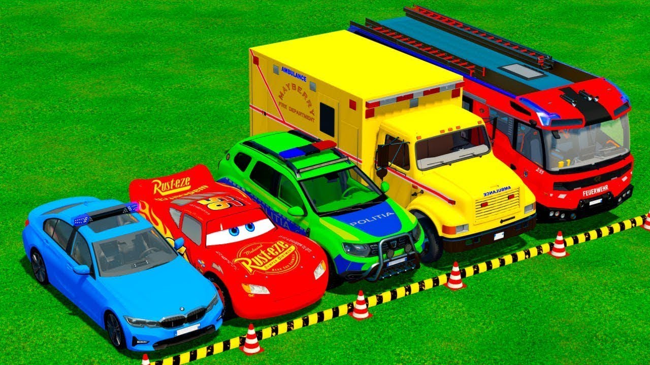 TRANSPORTING PIXAR CARS & FRUITS WITH COLORED & JOHN DEERE vs CLAAS vs TRACTORS - BeamNG.drive #983