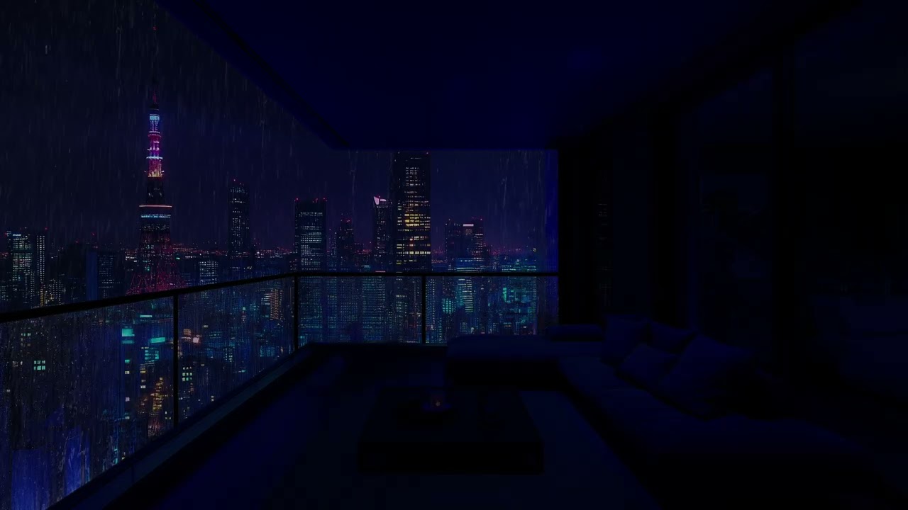 24-Hour Escape to a Luxury NYC Balcony : Heavy Rain on Window + Wind for Sleep & Relaxation