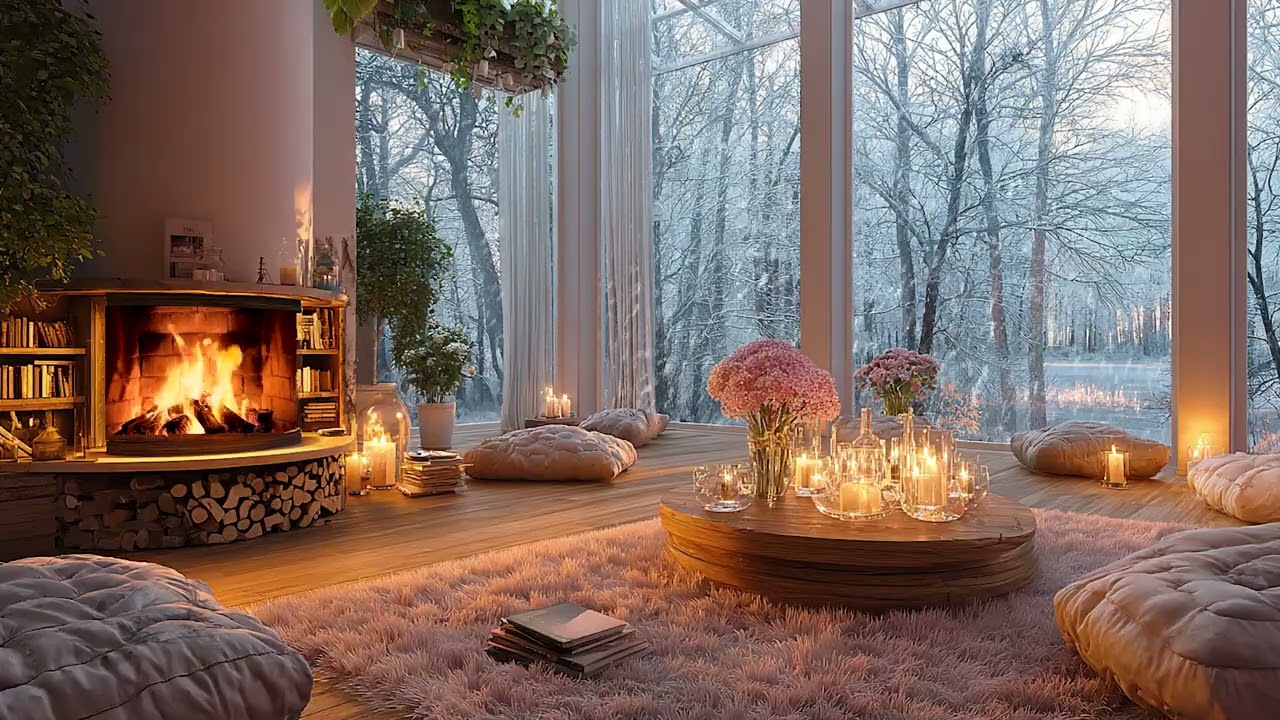 Warm Cozy Romantic Winter Cabin with Snow Wind and Fireplace Sounds for Deep Relaxation
