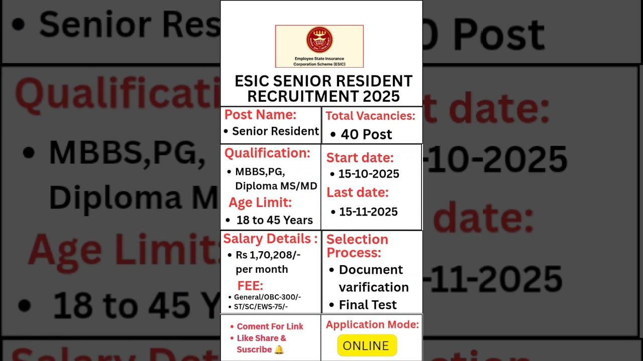 ESIC Senior Resident Recruitment 2025 ll Apply Now New Govt Job ll #esic #govtjobs #seniorresidentv