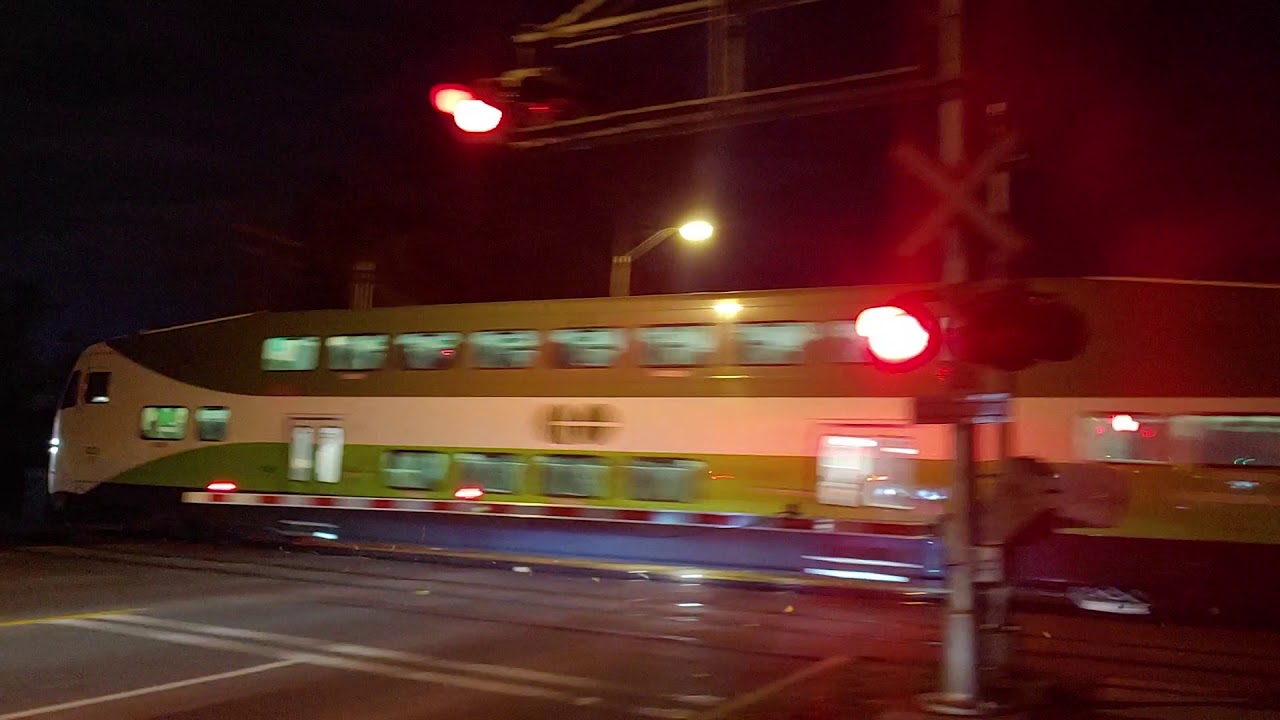 Morningside Avenue crossing. 2 trains, one crossing cycle! (GO 666, VIA 6435)