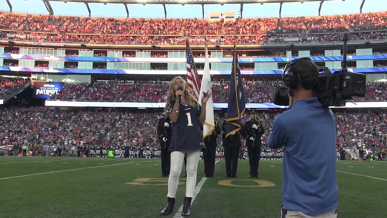 Olivia Tsetsilas (12 yo) singing National Anthem for NE Patriots @ Gillette Stadium 8/13/15