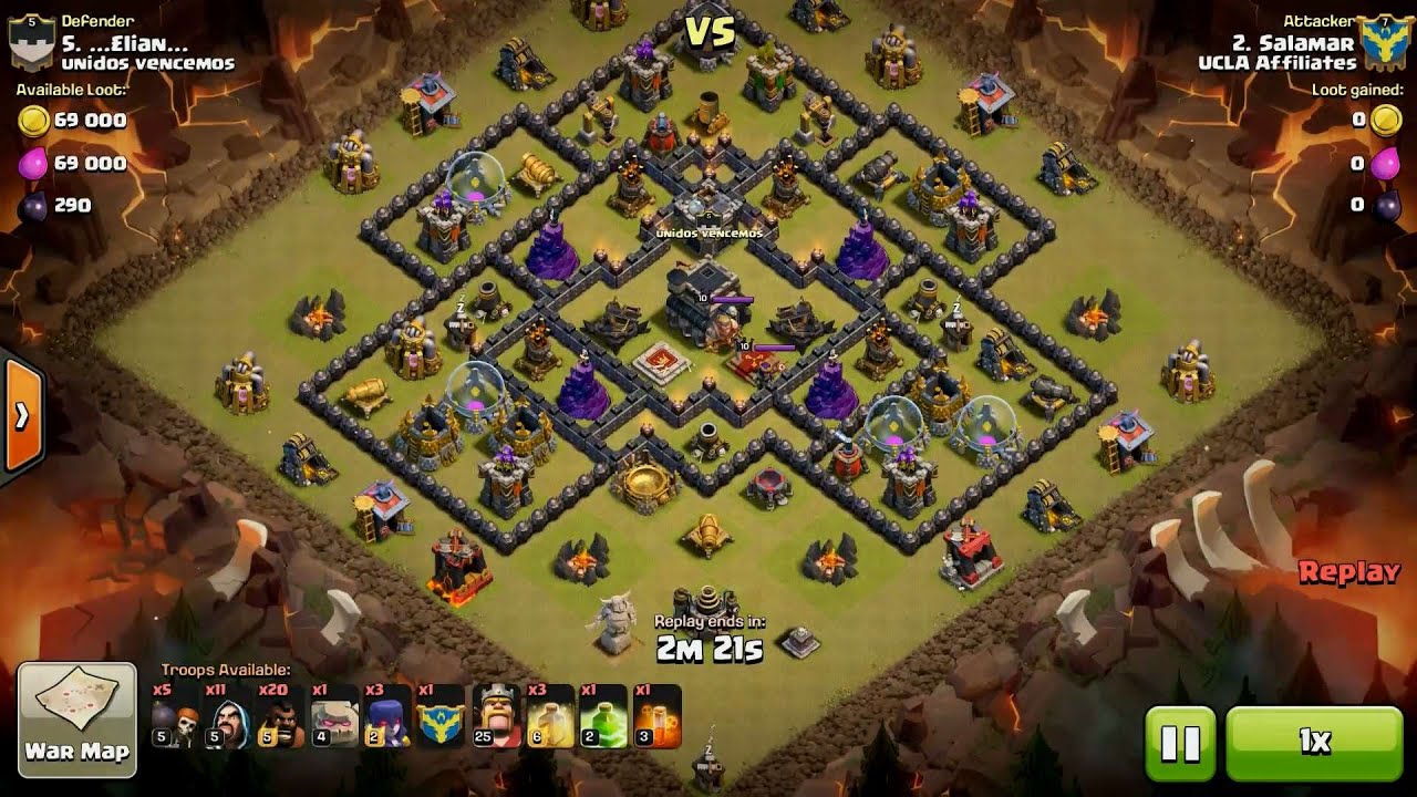Clash of Clans TH9 vs TH9 Hog Rider, Golem, Wizard & Witch (HoGoWiWi) (No AQ) Clan War 3 Star Attack