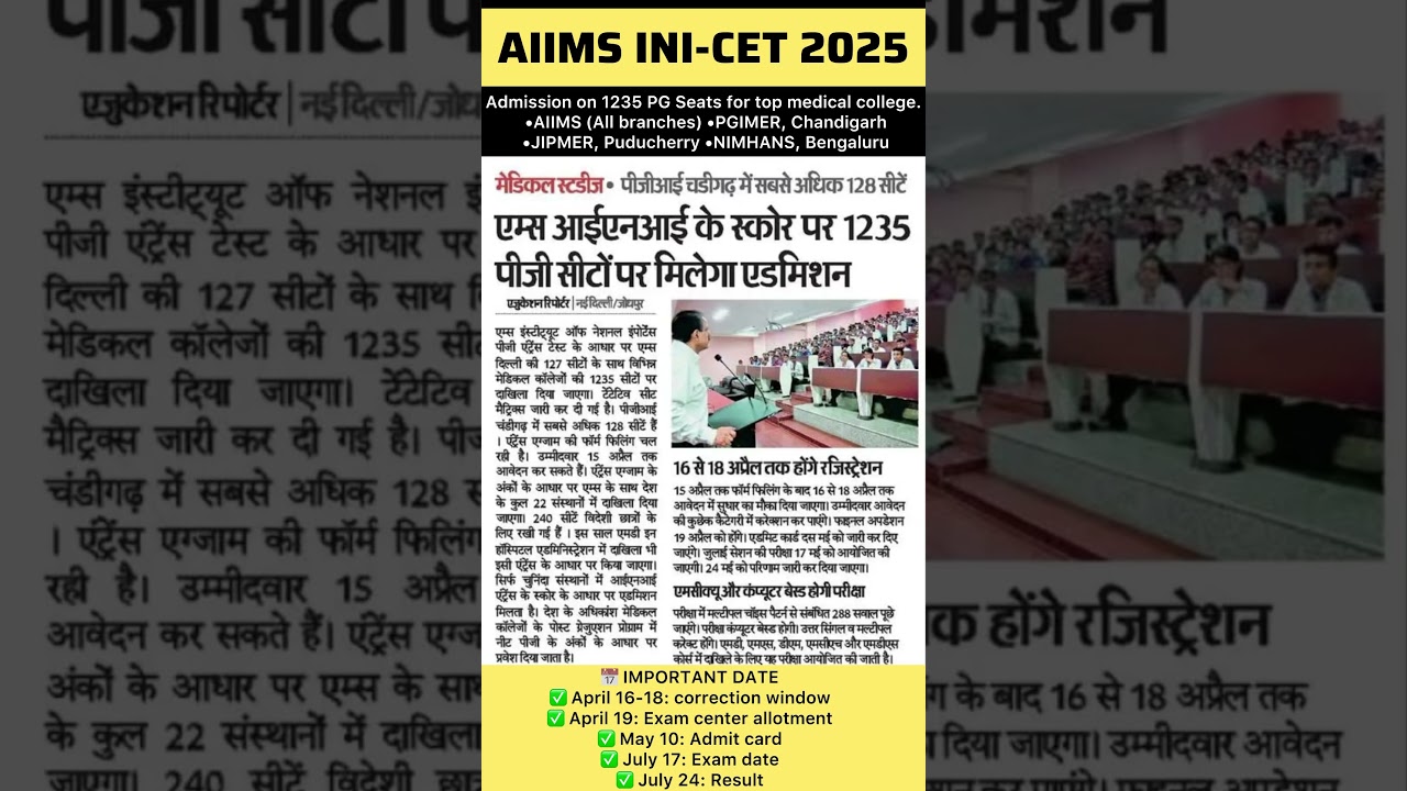 AIIMS INI-CET 2025 | Admission on 1235 PG Seats | Registration Open! #INICET2025 #AIIMS #shorts