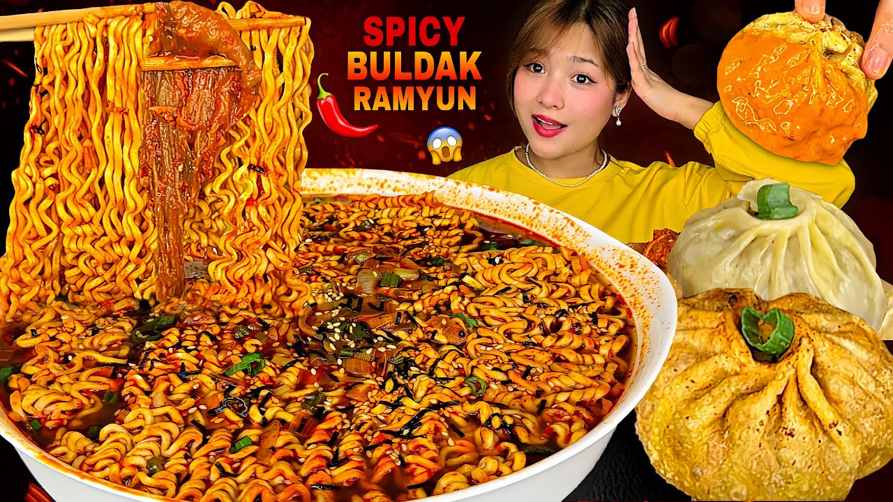 5 Pack Spicy Buldak Ramyeon😱🔥| Spicy Homemade Kimchi🌶️Big Juicy Buff Momo🥟| Nepali Mukbang |