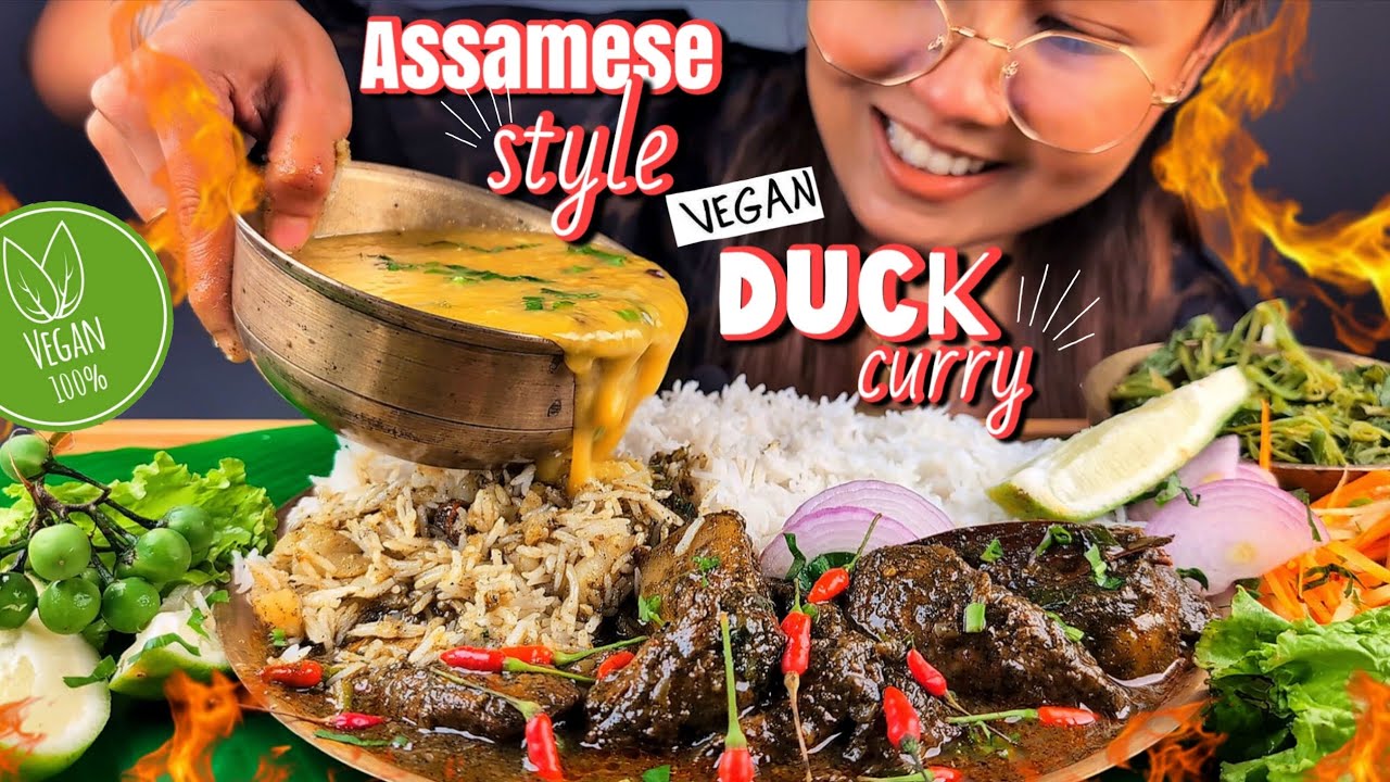 COOKING & EATING ASSAMESE STYLE SPICY VEGAN DUCK CURRY WITH LOTS OF EXYRA CHILLIES, DAAL, RICE, VEG