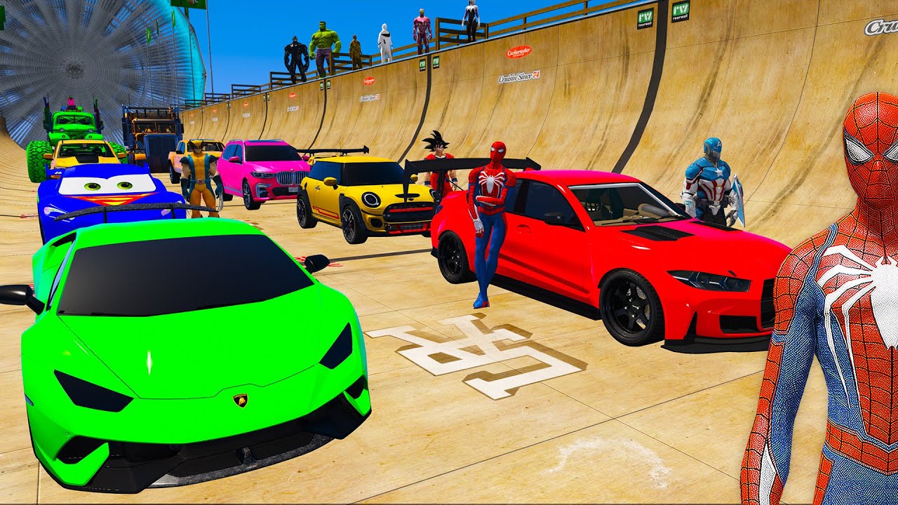 SPIDERMAN Epic ULTRA WINDMILL RAMP Challeng for Cars Monster Truck! Superhero Hulk Venom Goku– GTA 5