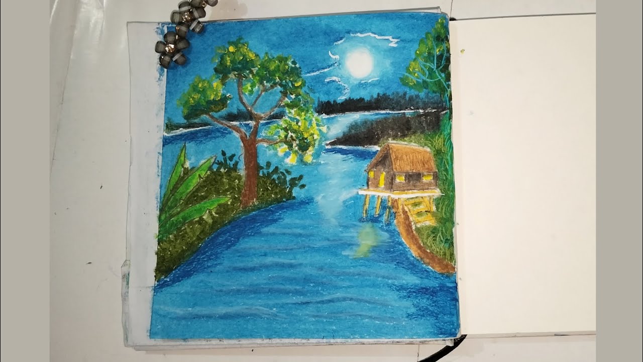 Simple & Beautiful Nature Scenery Drawing/ Oil Pastel Drawing of a Moonlit Night #Drawing #OilPastel