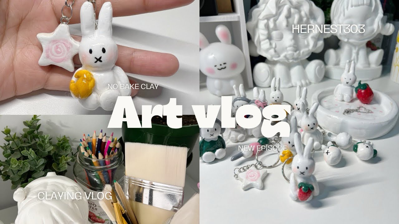 Art vlog 8 | Clay with me | making keychains, phone charms, jewelry dish | air dry clay, no bake 🐰🍓🍉