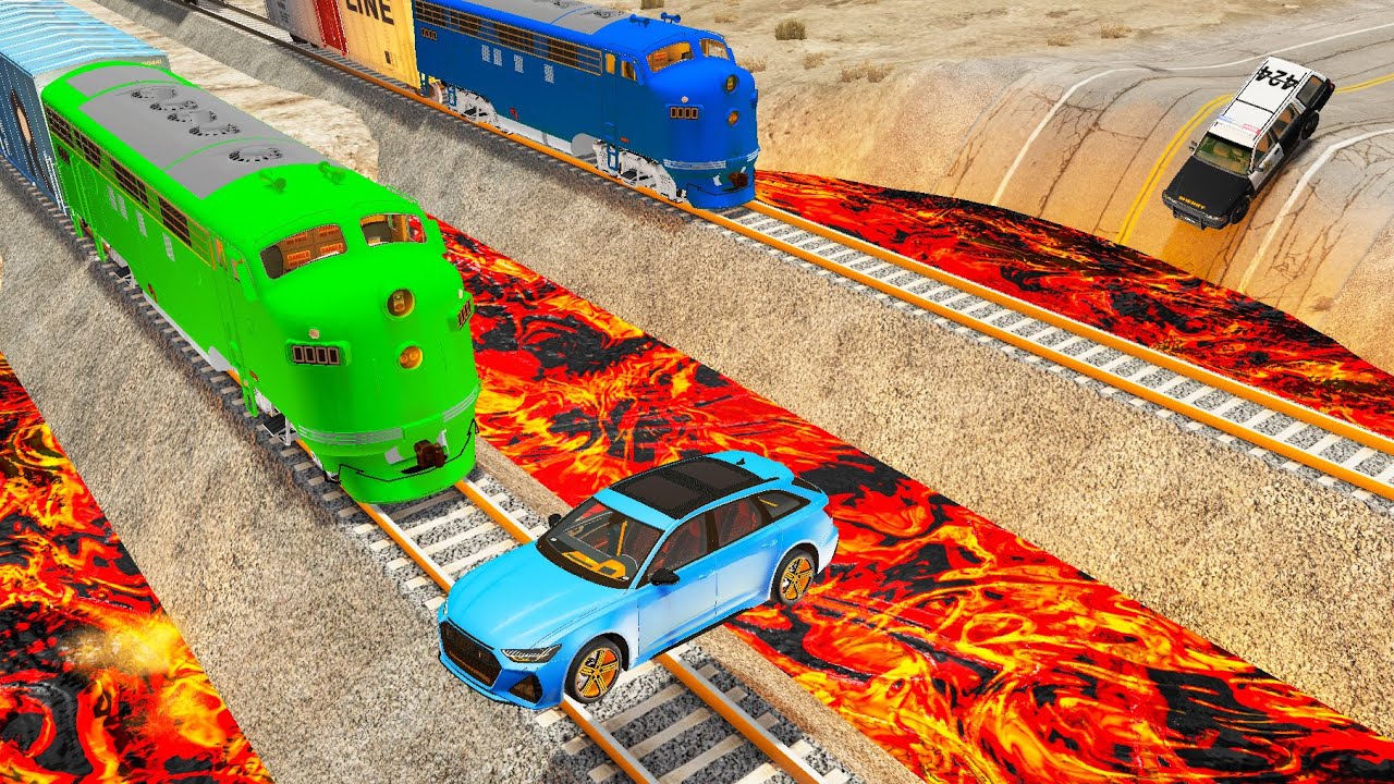 Cars vs Double Rails and Pit Lava - Flatbed Tractor Truck, Bus, Super Car Crashes the Train - OMDs