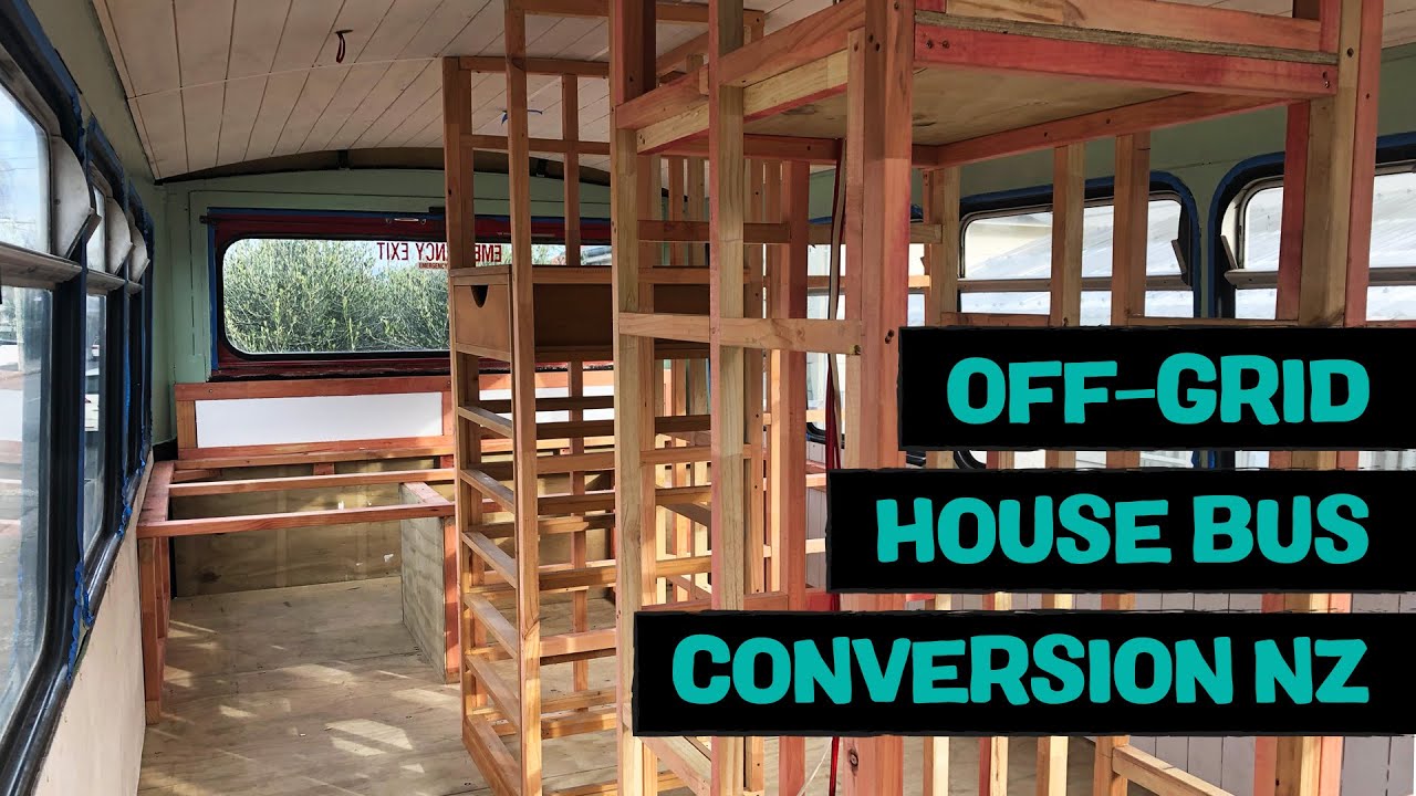 Framing walls, shower, vintage rimu kitchen cabinets, 1984 Isuzu JCR500 school bus conversion (S1E9)