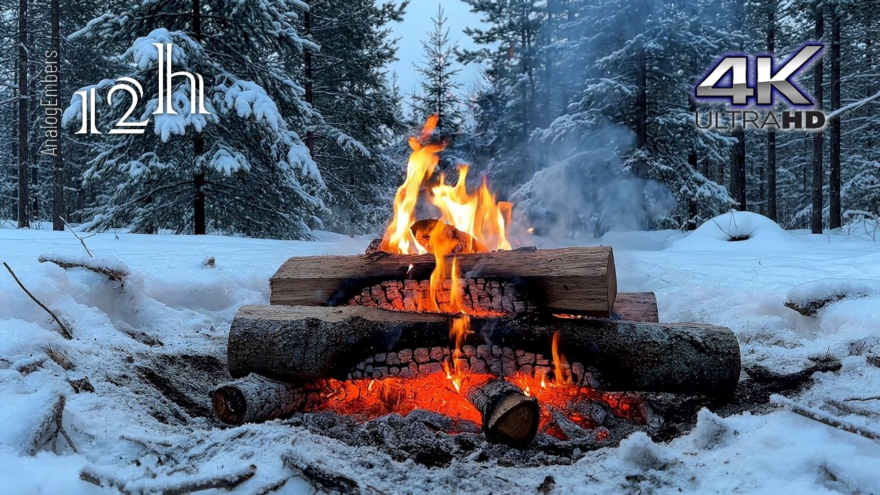 🔴 Live: 12 Hours Moody Winter Twilight Campfire ❄️  Campfire, Distant Dog & Birds for Sleep or Focus
