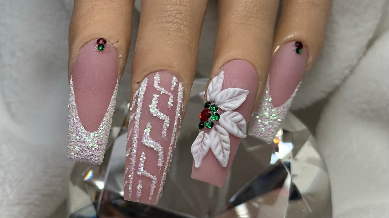 Uñas Navideñas Rosa Elegantes 🎄✨ | Flor 3D y Efecto Sugar