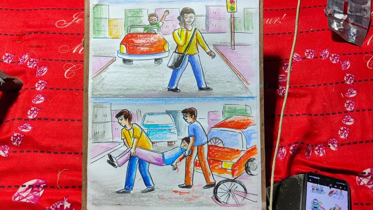 Road accident drawing with oil pastel drawing step by step 