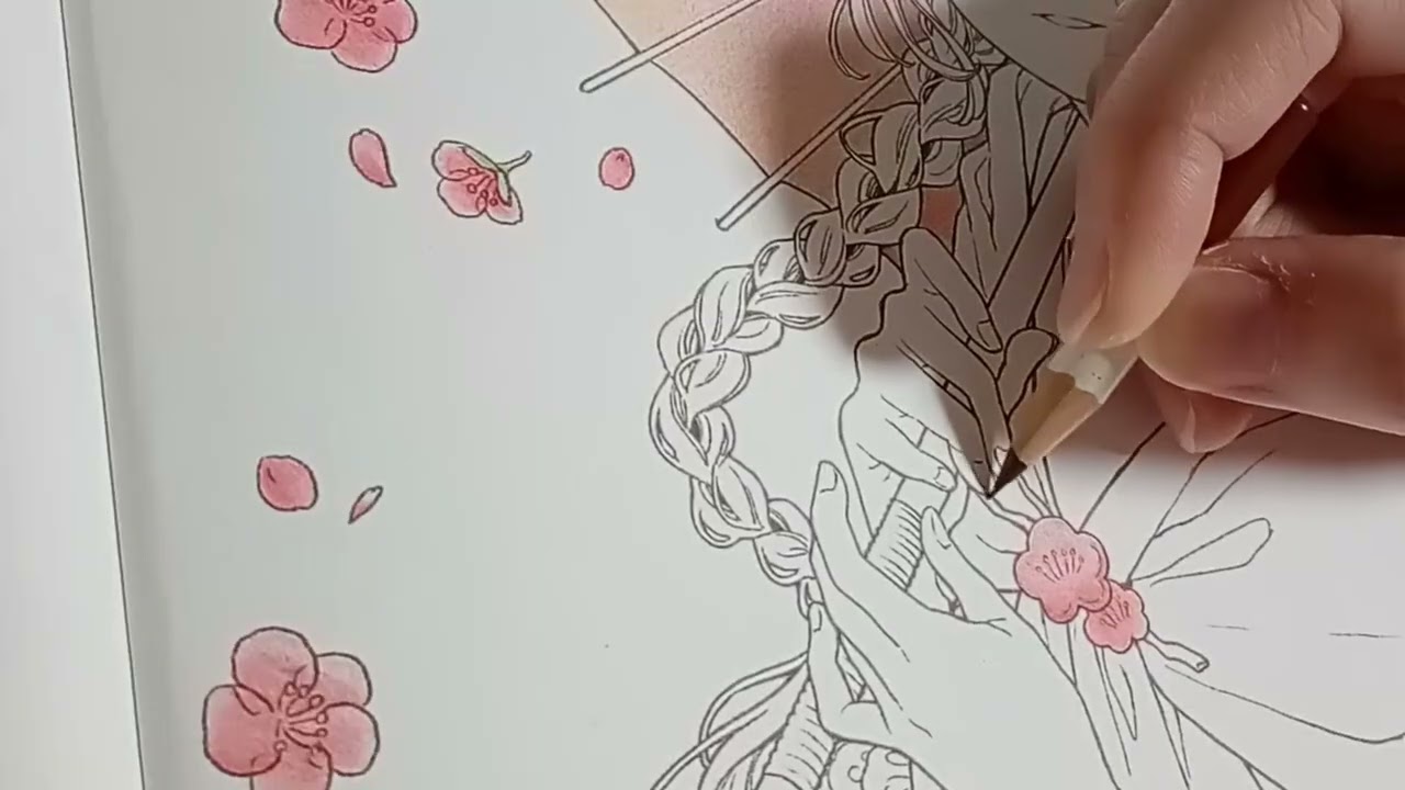 花笑み 可憐な少女と美しい花のぬり絵　色鉛筆で塗ってみた　タイムラプス　ロング　3