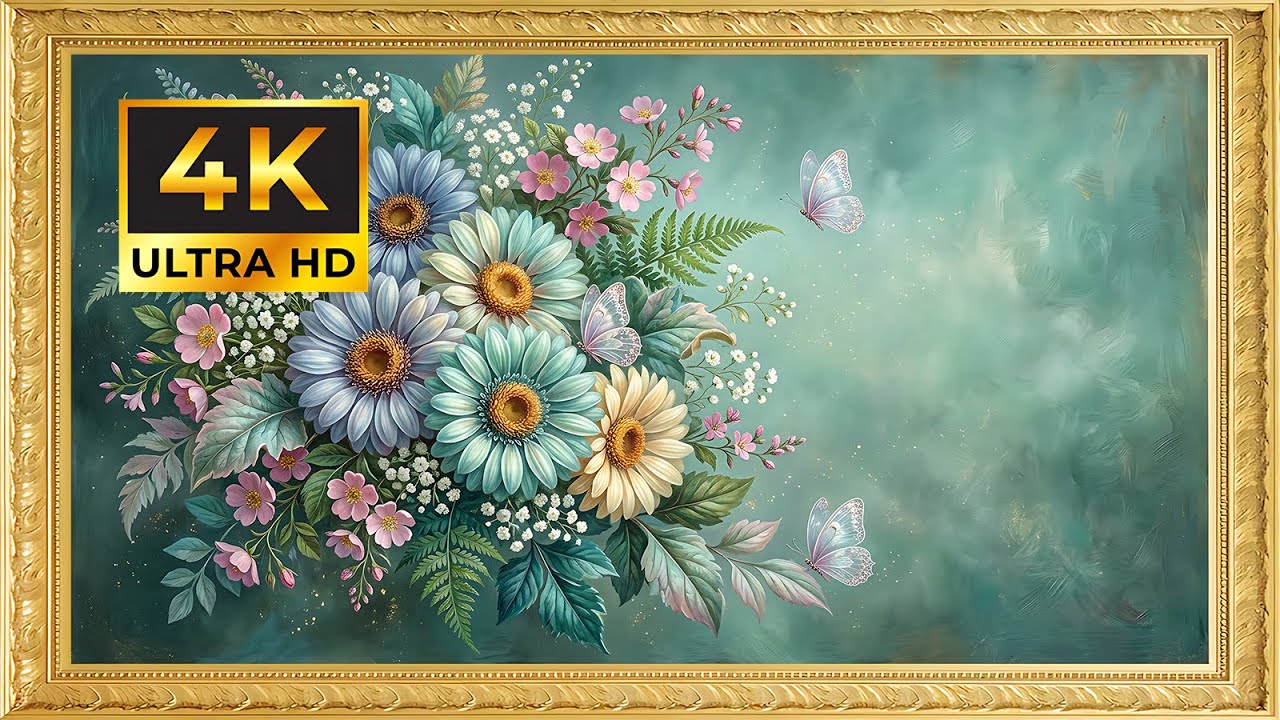 Vibrant Gerbera Daisies & Butterflies | Gold Framed 4K Art Screensaver | Dreamy Floral TV Wallpaper