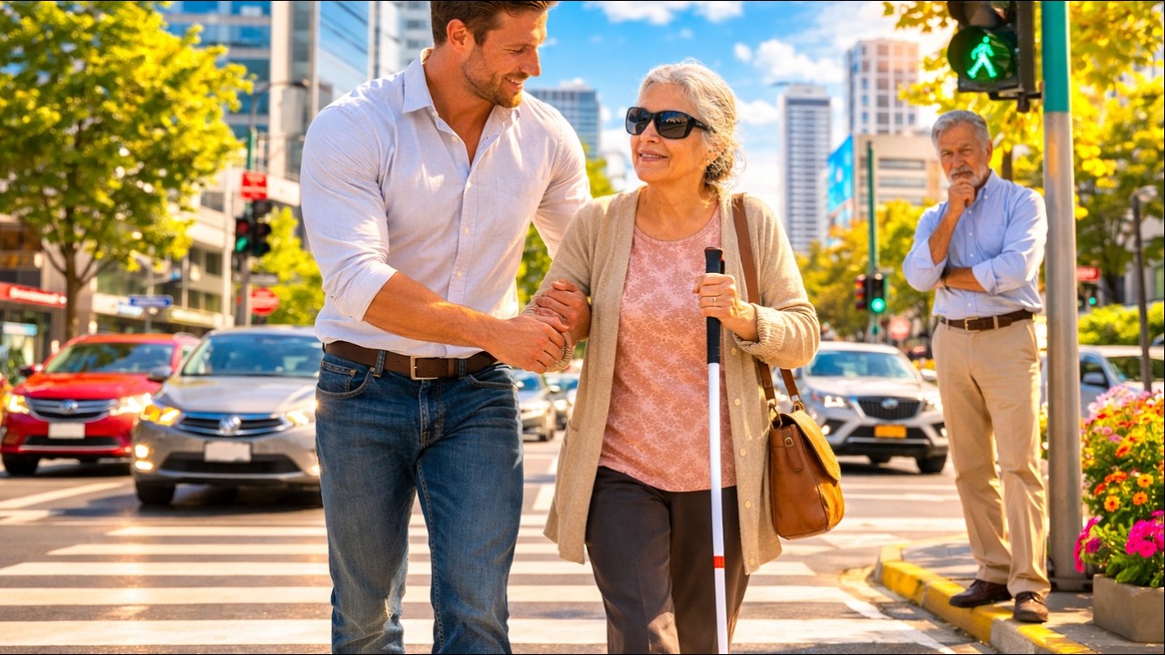 A Man Helped a Blind Woman Cross a Dangerous Street—He Didn't Know Her Husband Was Watching