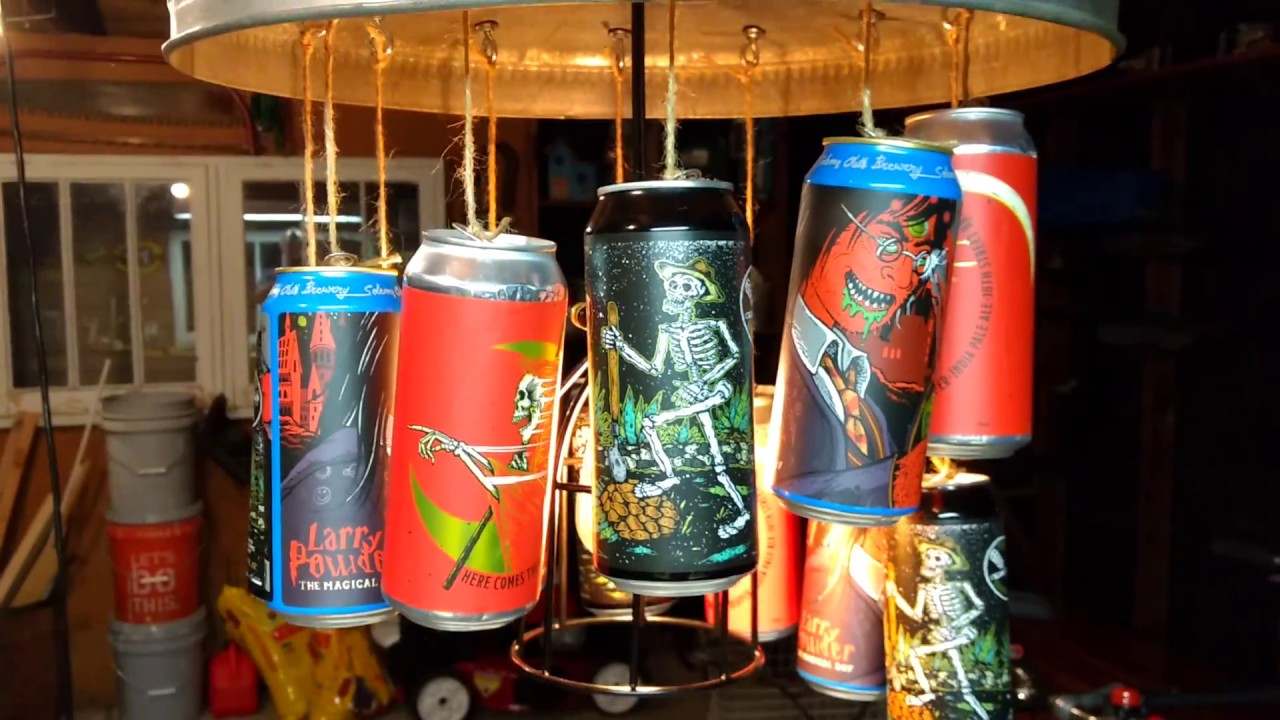 Trash can beer can outdoor wind chime pendant light.