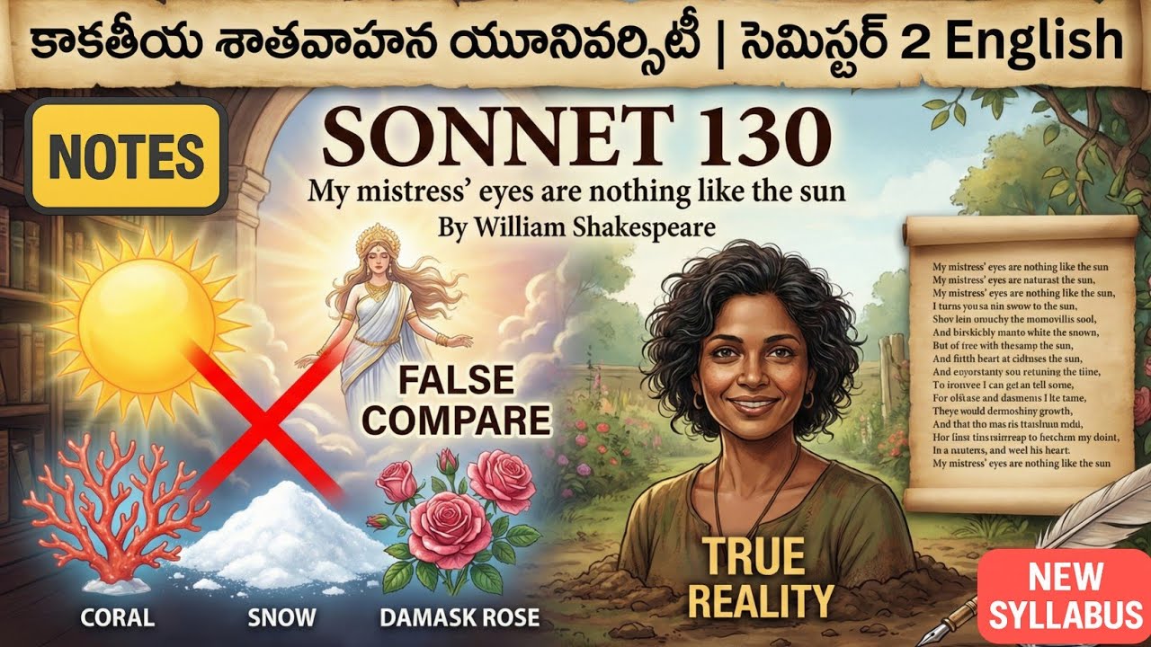 Sonnet 130 My Mistress Eyes are Nothing Like the Sun Notes in Telugu I KUSU UG Degree Sem 2 English