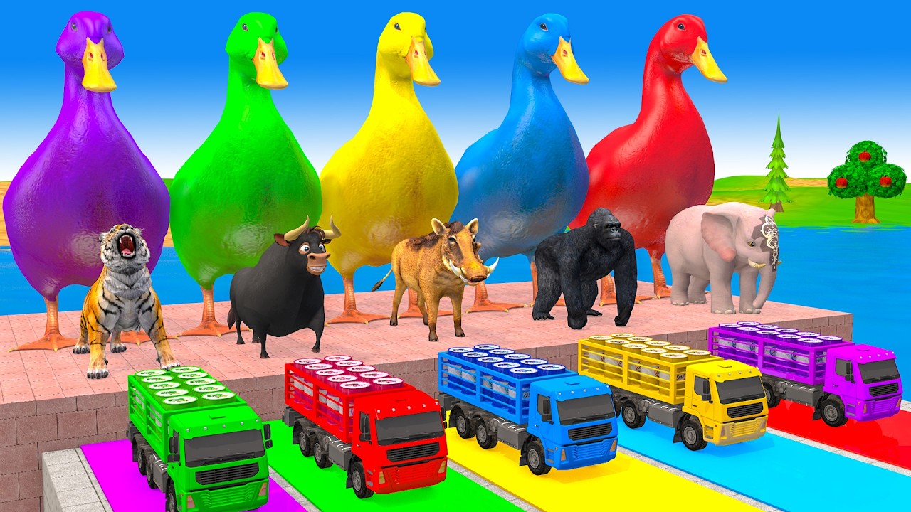 Long Slide Game With Cow Elephant Gorilla Hippopotamus Tiger - 3d Animal Game - Funny 3d Animals