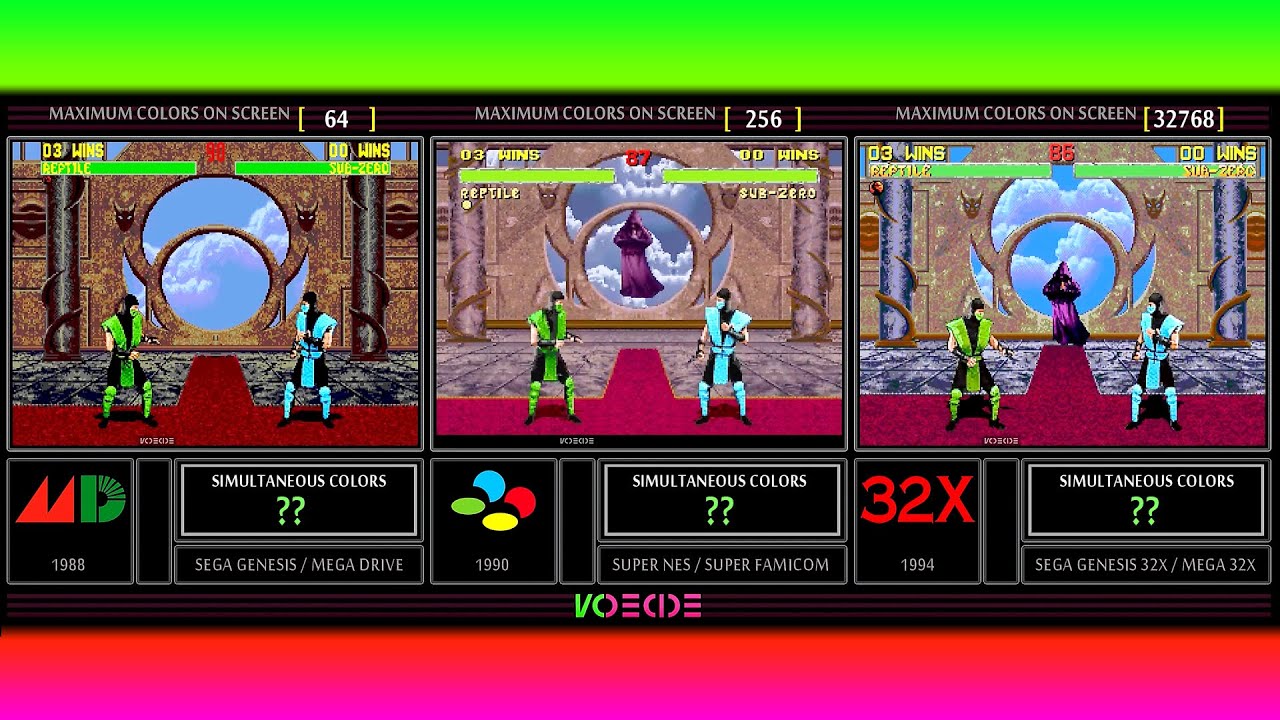 Simultaneous Colors of Mortal Kombat II (Sega Genesis vs SNES vs 32X) Color Comparison | VCDECIDE