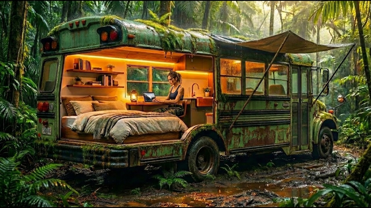She Turned an Abandoned Bus Into a Secret Survival Home (ASMR)