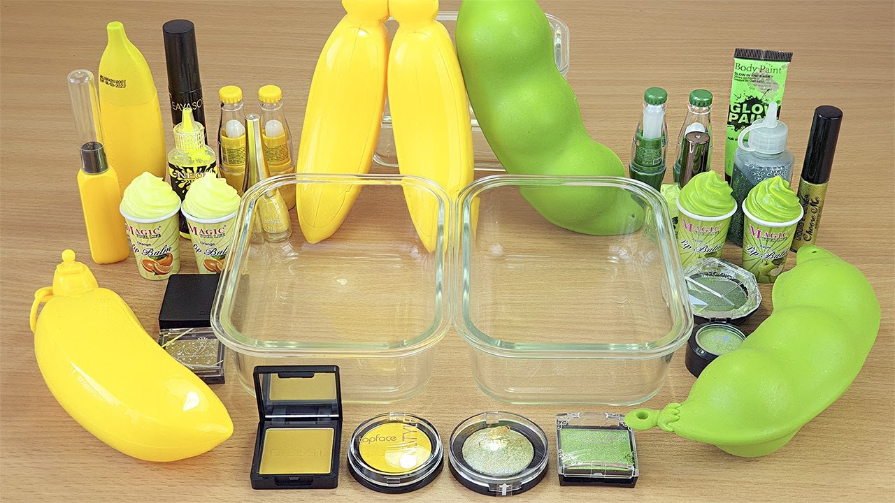 BANANA vs PEAS SLIME Mixing makeup and glitter into Clear Slime Satisfying Slime Videos
