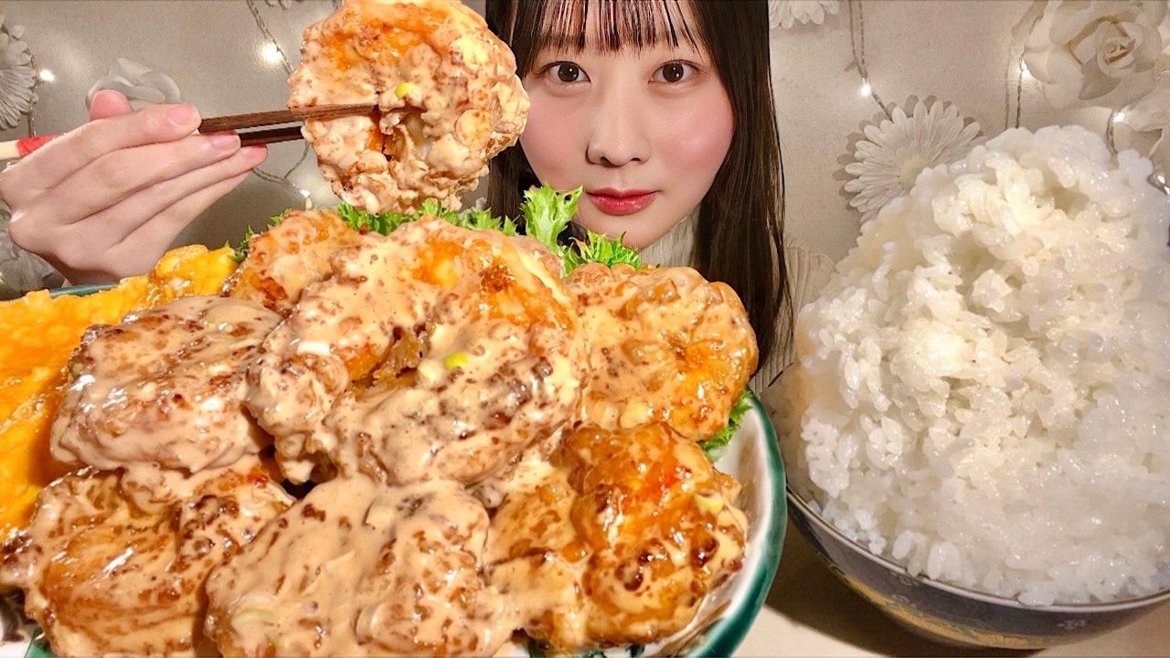 ASMR 巨大海老チリマヨ【咀嚼音/ Mukbang/ Eating Sounds】【日本語字幕】
