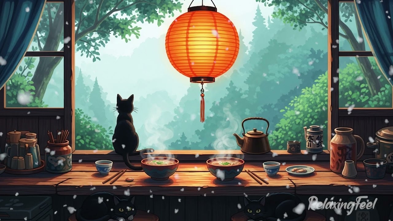 Cozy Japanese Room with Black Cats 🐈‍⬛ Ghibli-Inspired Forest Ambience & Soothing Rain