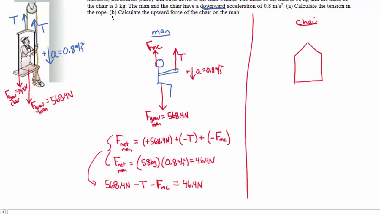 Man in Bosun's Chair (part 2) - Given Acceleration, Calculate Tension and Force of Chair on Man