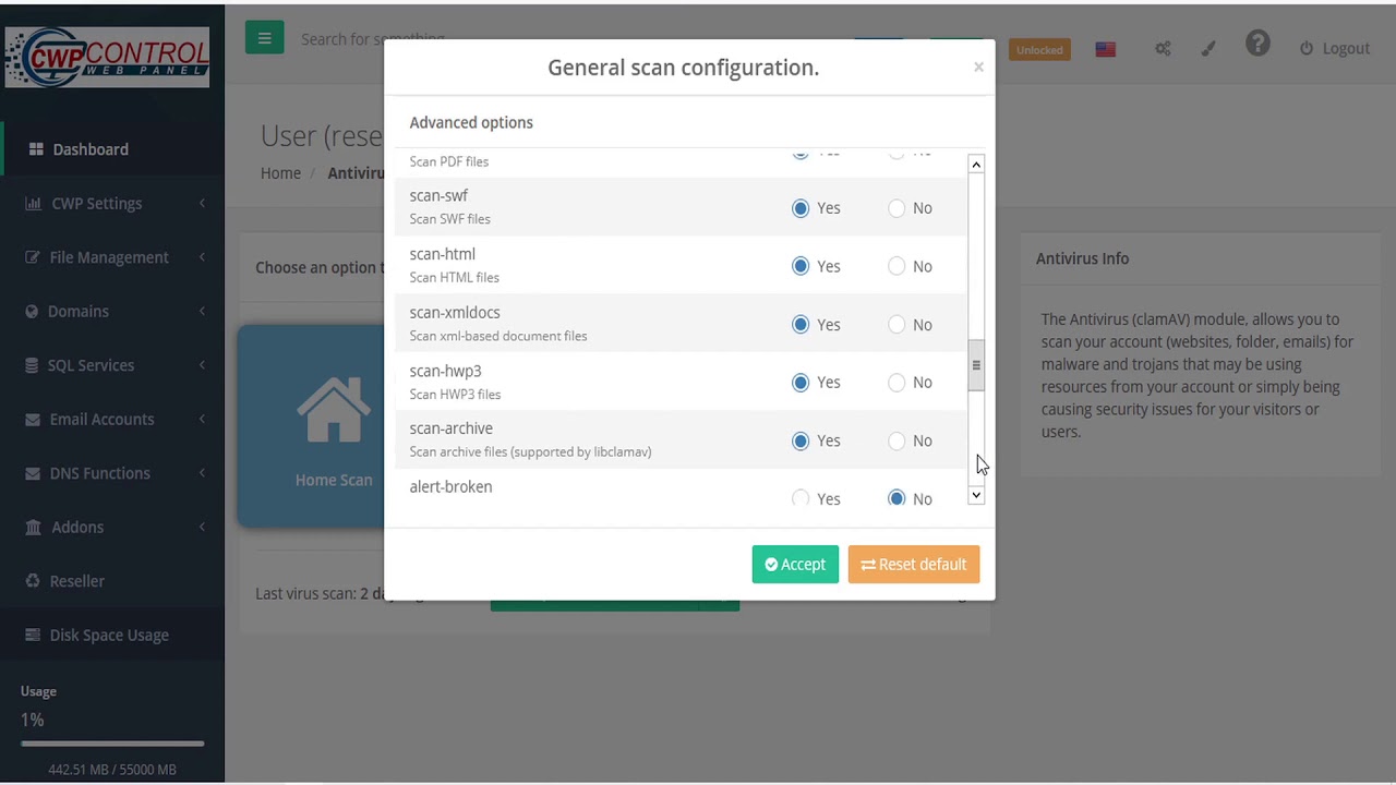 CWP - User Panel:  Antivirus Scan / ClamAV