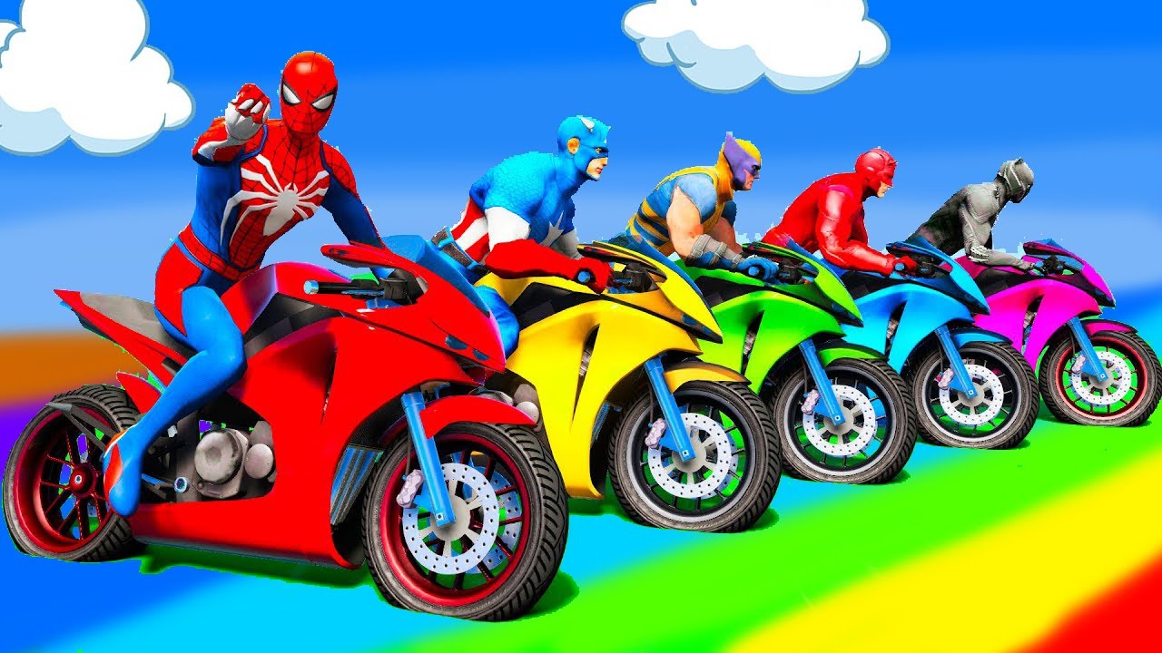 الأبطال الخارقين على القضبان دوامة قمع جسر 🏍️🐱‍SPIDER MAN!on Motorcycle in Spiral Bridge Stunt Rid