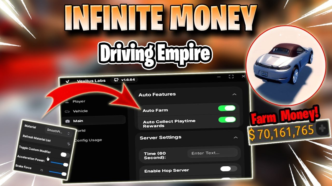 Скрипт для игры Driving Empire! Автоматический заработок денег, высокая скорость, ESP и многое др...