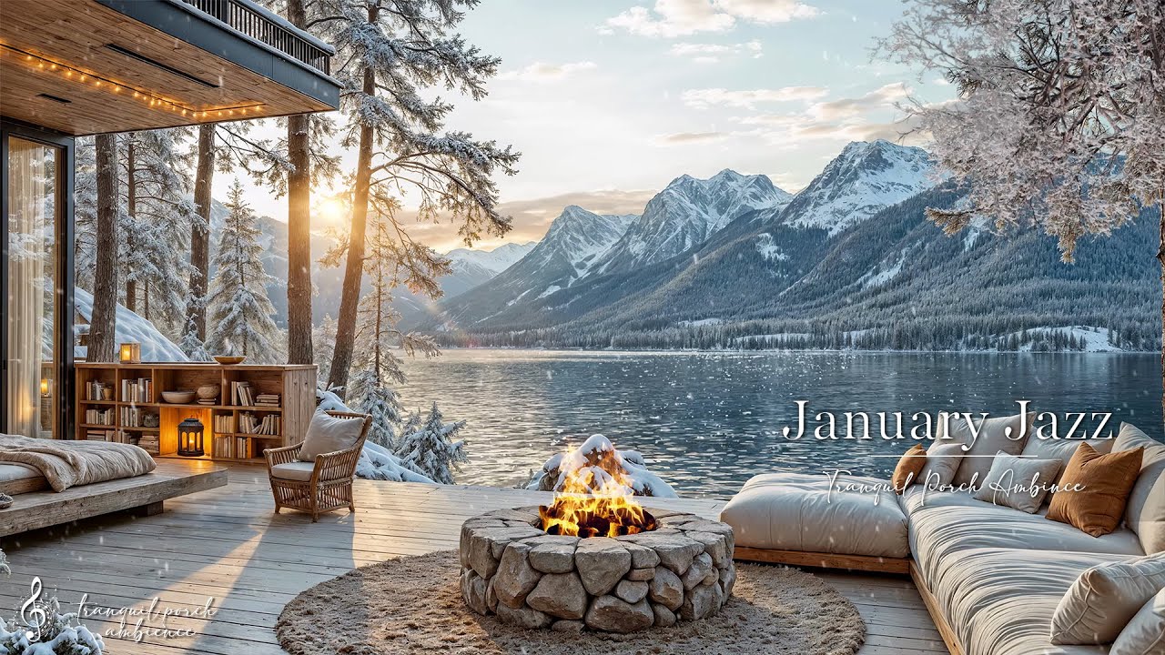 Morning Jazz Ambience in January | Jazz Café by the Lakeside With Warm Fireplace for Work, Study