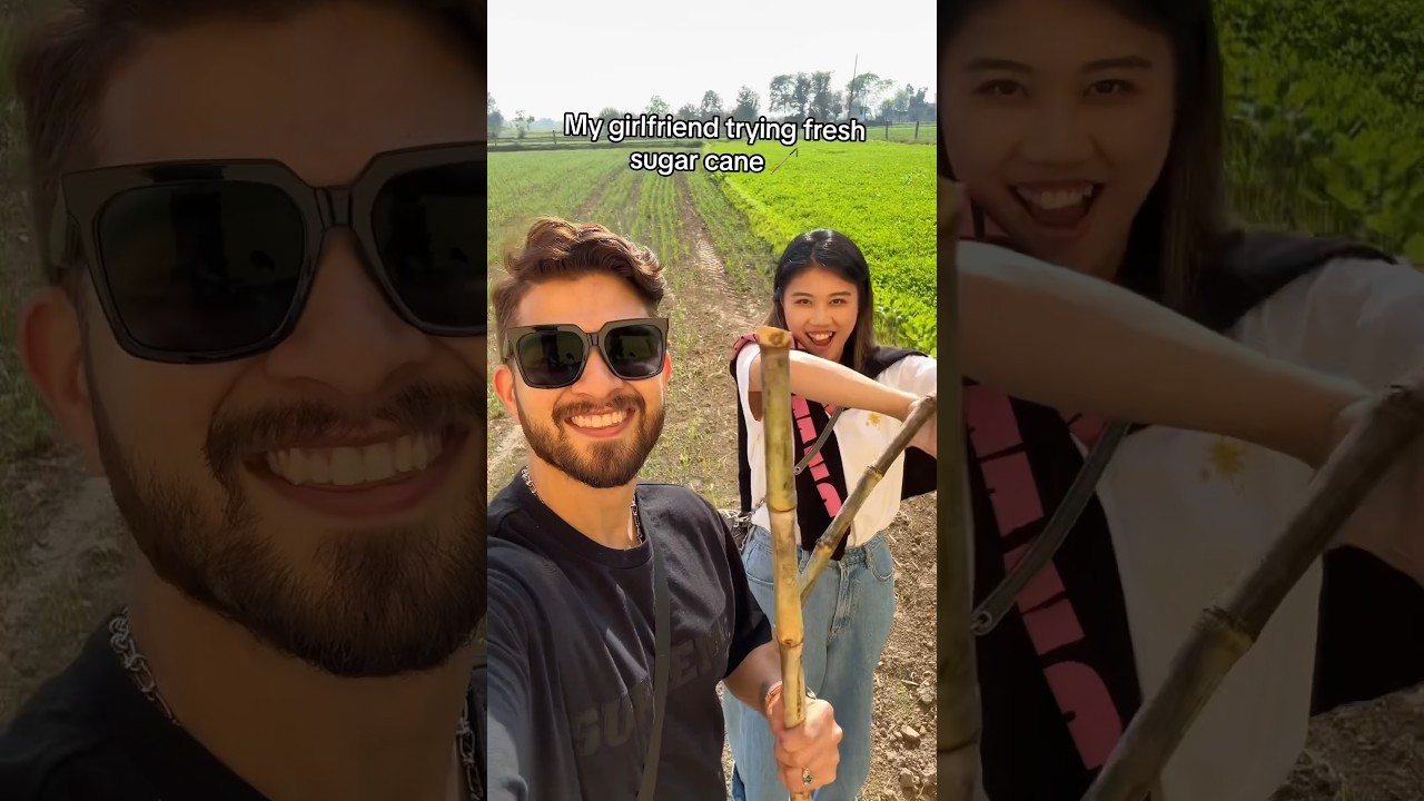 Trying fresh sugarcane from the farm&hellip;😋#shorts #couple #relationship