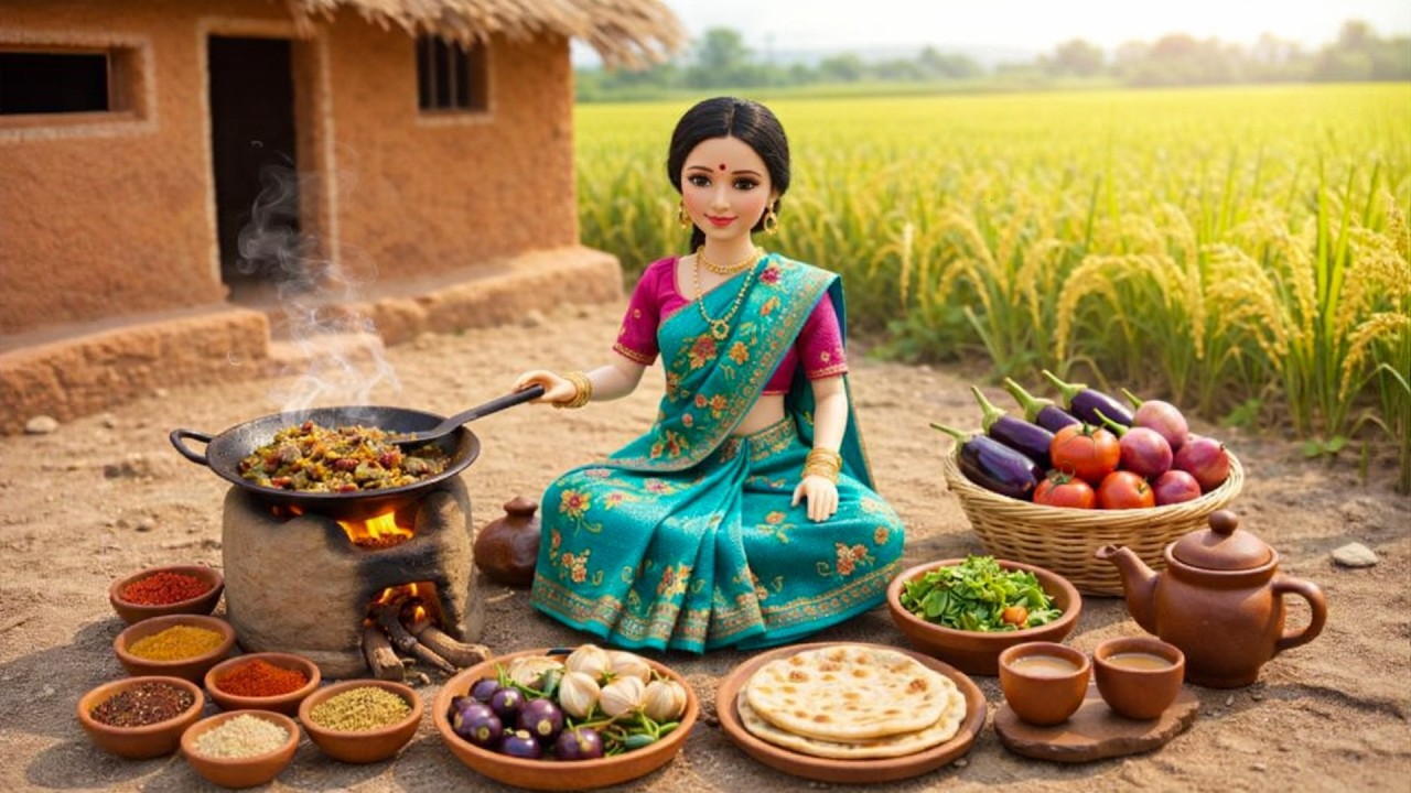Miniature Doll Baingan Bharta & Roti Cooking ASMR | Mini India Universe.