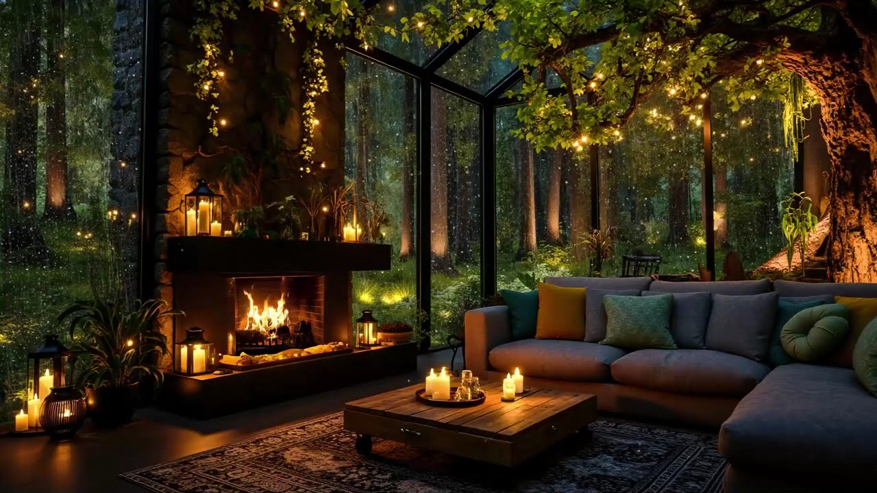 Instant Calm 🌧️ Relaxing Forest Cabin Ambience with Soft Jazz & Rain Sounds by the Fireplace
