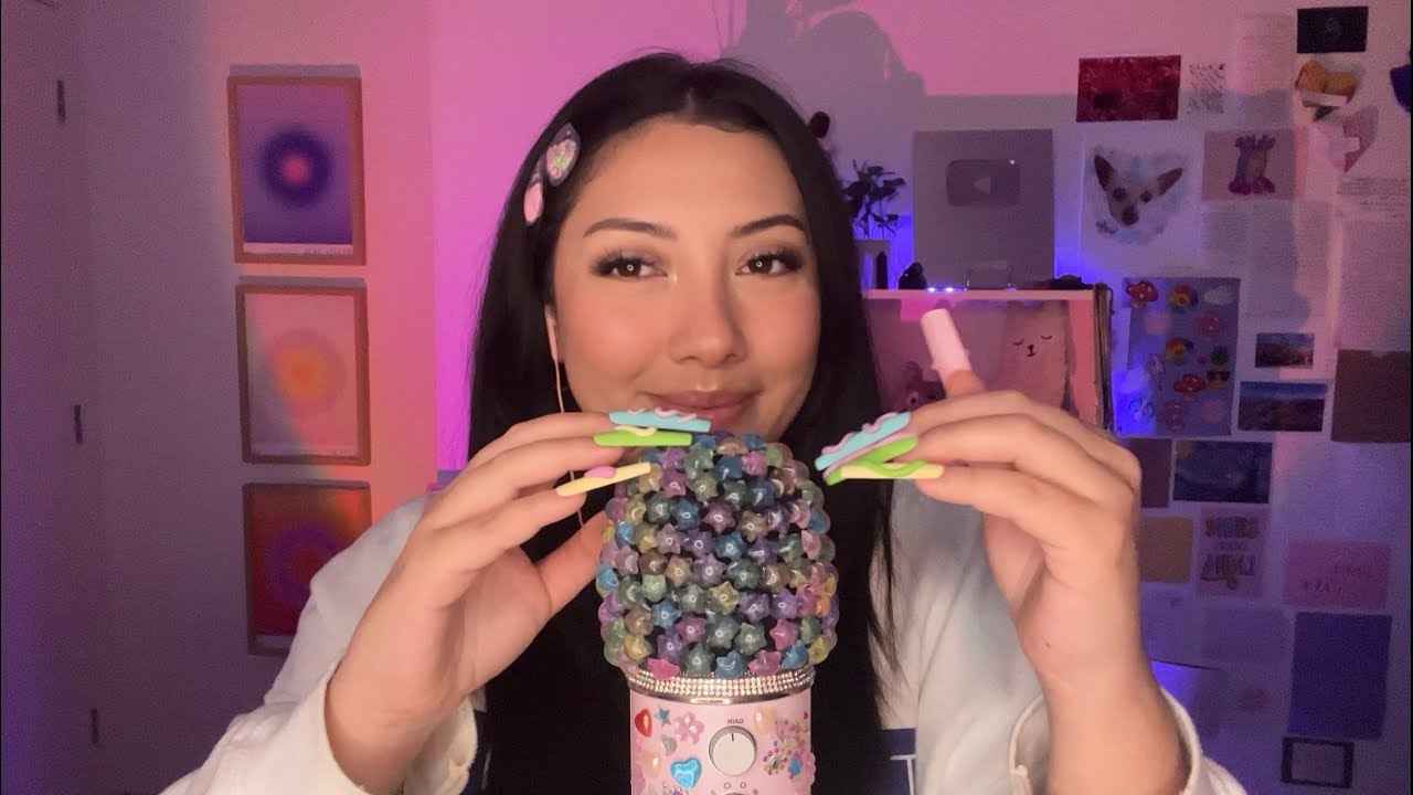 ASMR nail clacking and tapping, mic scratching, mouth sounds 🍭⭐️🩵🎀💅