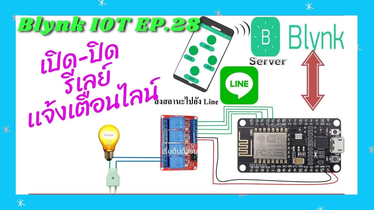 Blynk IOT EP.28 ควบคุมอุปกรณ์ไฟฟ้า ส่งสถานะเเจ้ง Line + esp8266 +Relay + App Blynk #Line #Blynk