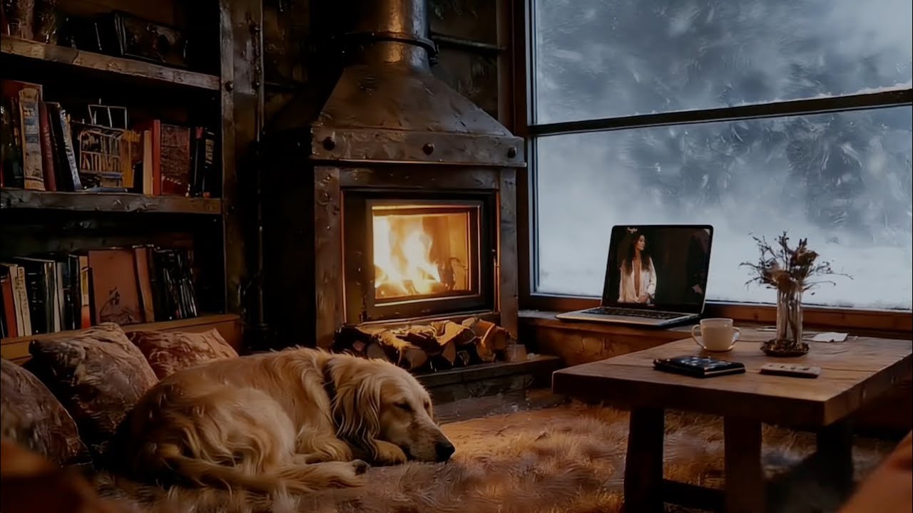 Blizzard Outside, Fireplace Movie Night Inside — Cozy Cabin ASMR White Noise for Deep Sleep (No Ads)